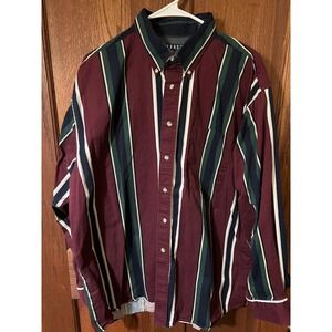 Vtg  90s TRADER BAY Mens XL Burgundy Green Stripe Button Down Shirt LS Cotton